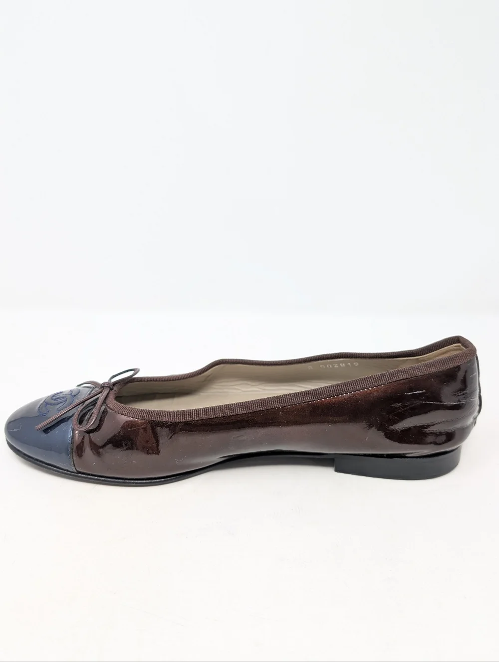 Chanel CC Patent Leather Ballet Flats Brown Blue Size 39.5